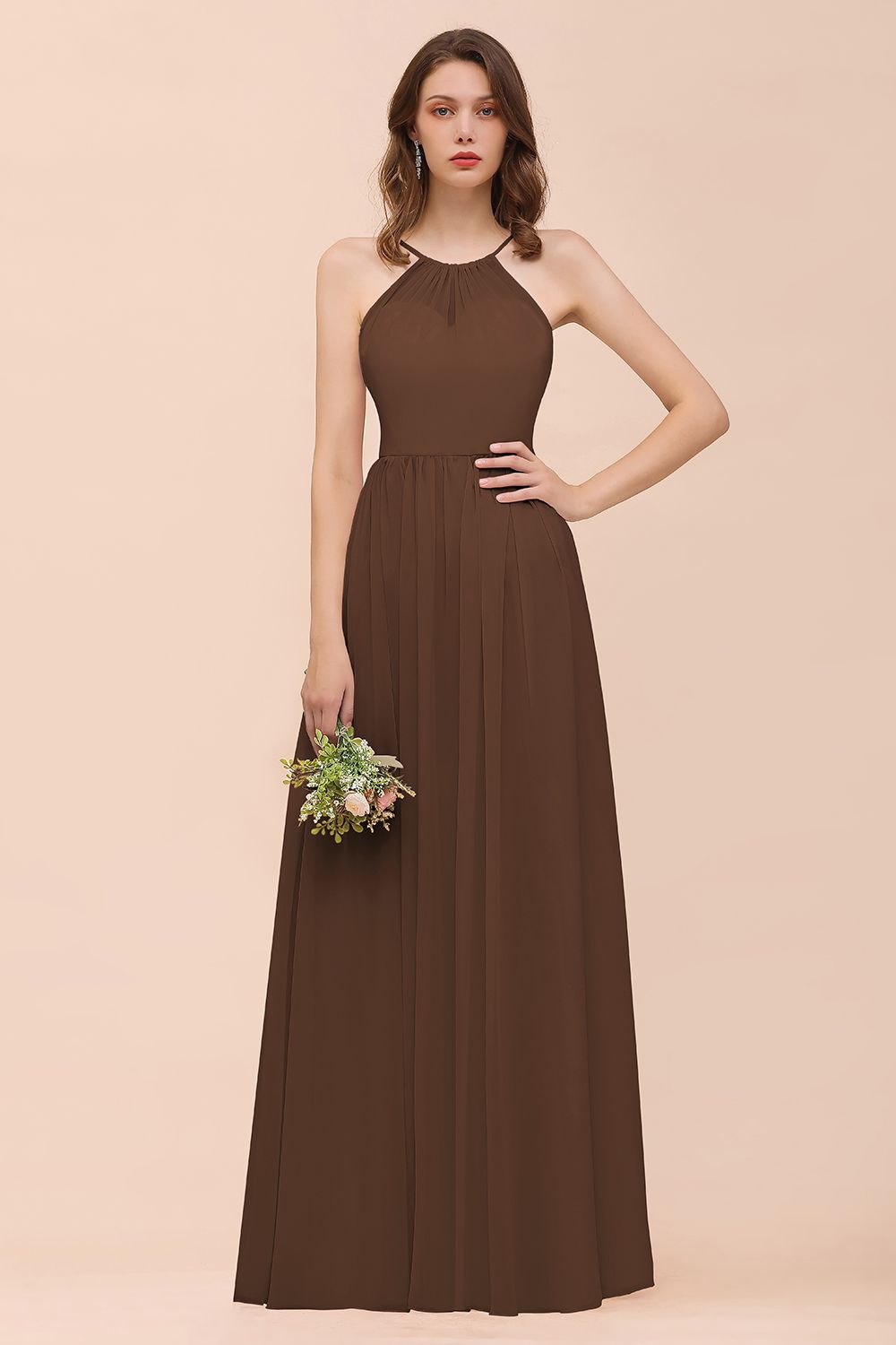 Gorgeous Chiffon Halter Ruffle Affordable Long Bridesmaid Dress-Babyonlines