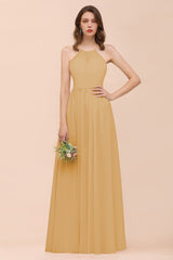 Gorgeous Chiffon Halter Ruffle Affordable Long Bridesmaid Dress-Babyonlines
