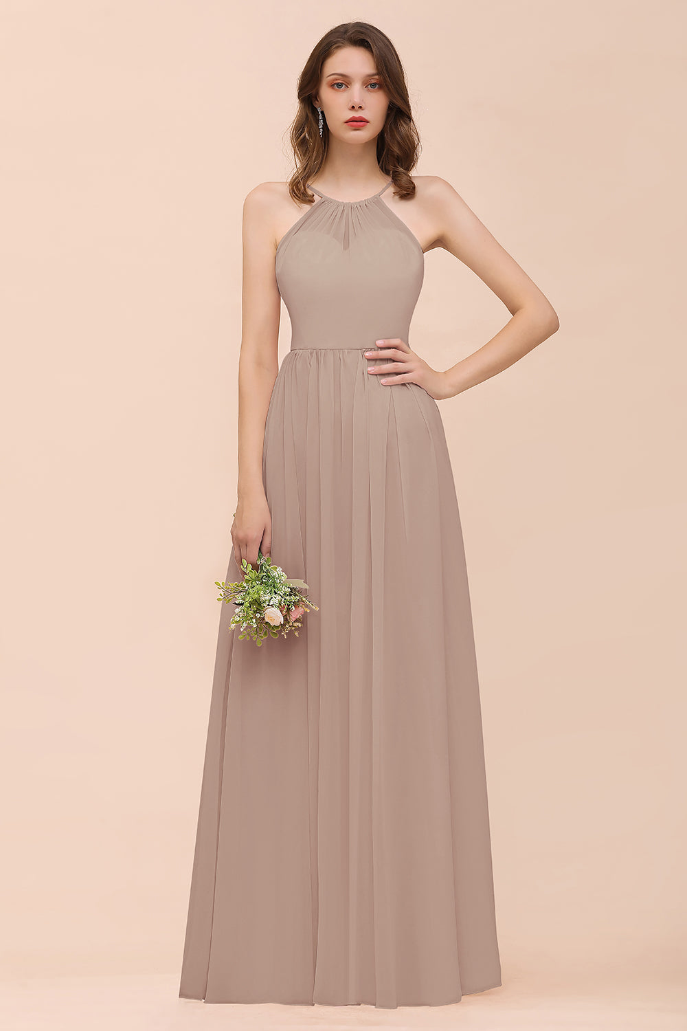 Gorgeous Chiffon Halter Ruffle Affordable Long Bridesmaid Dress-Babyonlines