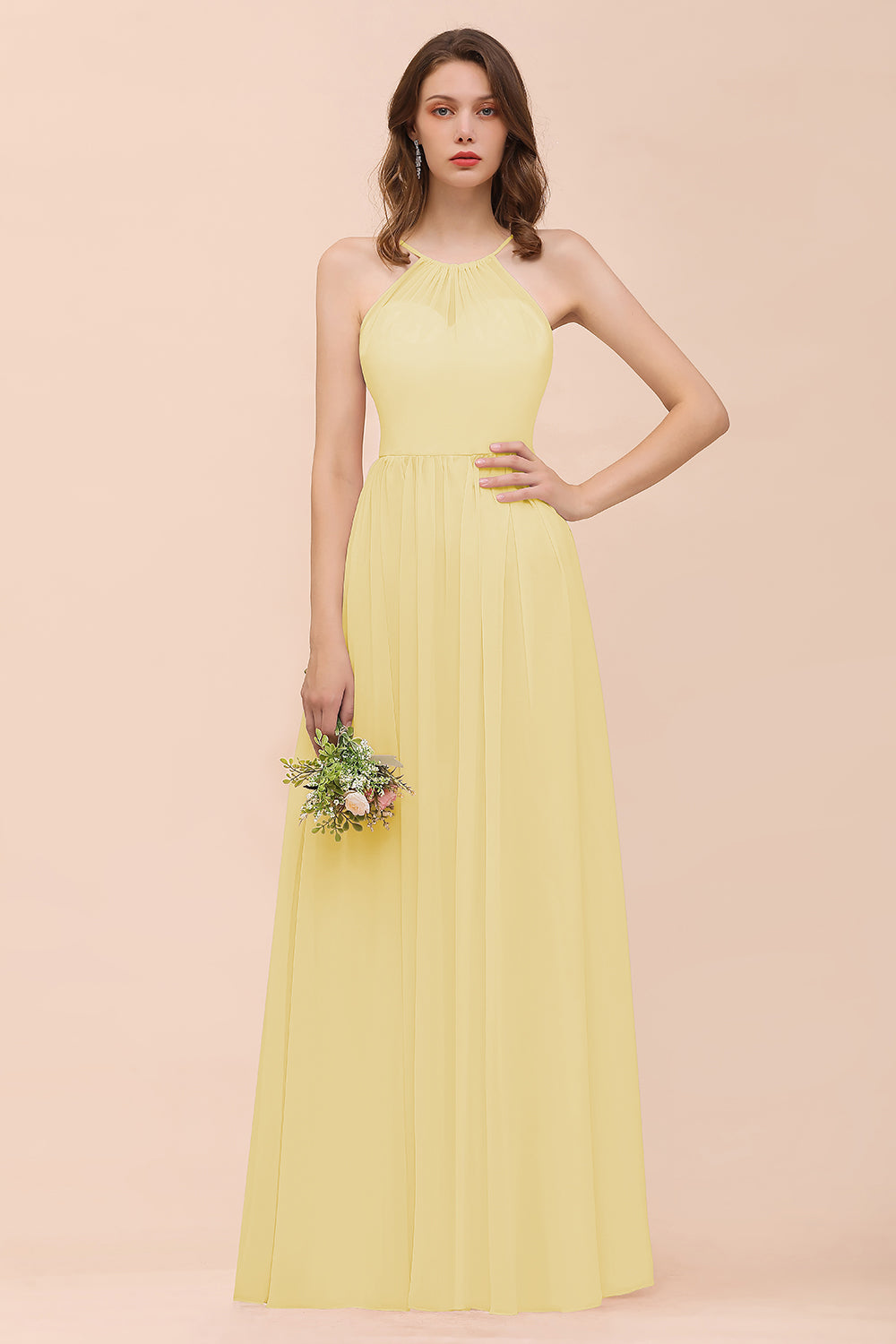 Gorgeous Chiffon Halter Ruffle Affordable Long Bridesmaid Dress-Babyonlines