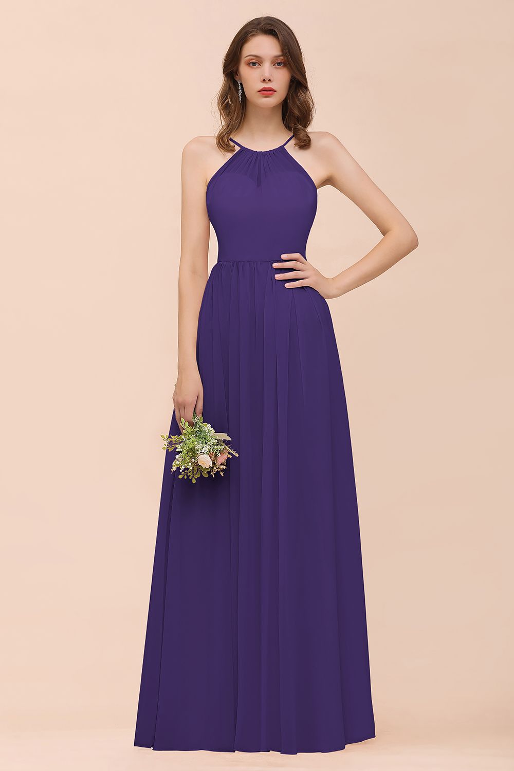 Gorgeous Chiffon Halter Ruffle Affordable Long Bridesmaid Dress-Babyonlines