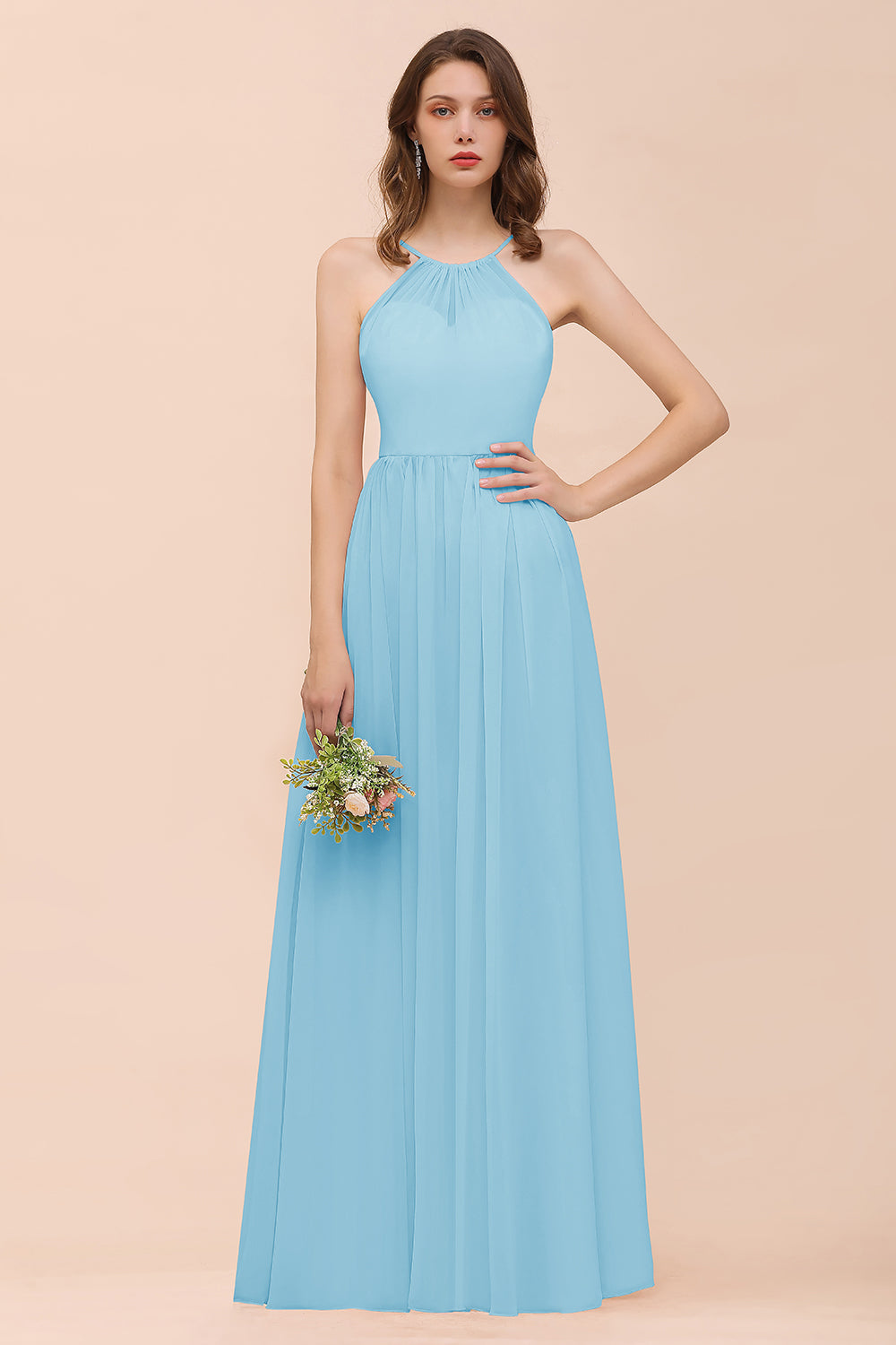 Gorgeous Chiffon Halter Ruffle Affordable Long Bridesmaid Dress-Babyonlines