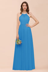 Gorgeous Chiffon Halter Ruffle Affordable Long Bridesmaid Dress-Babyonlines