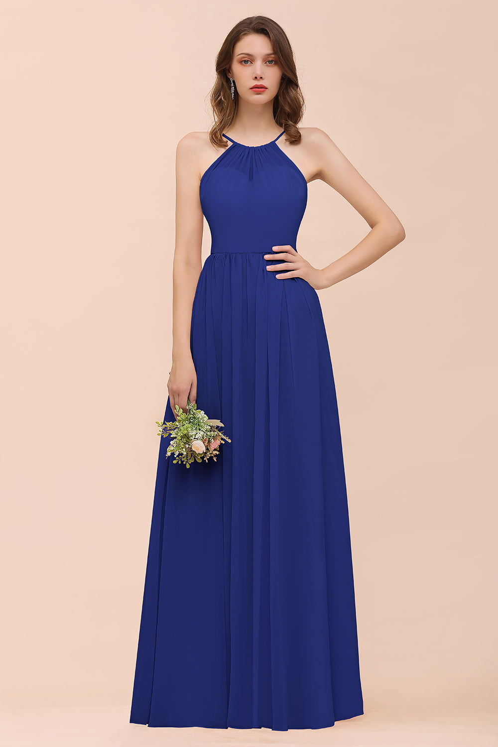 Gorgeous Chiffon Halter Ruffle Affordable Long Bridesmaid Dress-Babyonlines