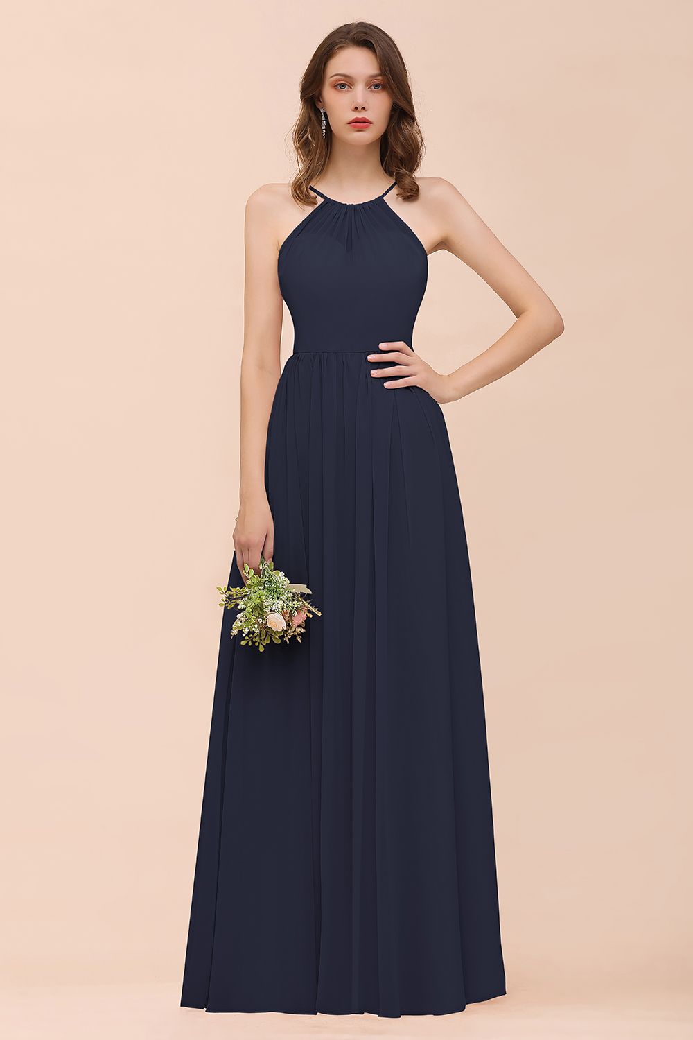 Gorgeous Chiffon Halter Ruffle Affordable Long Bridesmaid Dress-Babyonlines