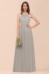 Gorgeous Chiffon Halter Ruffle Affordable Long Bridesmaid Dress-Babyonlines