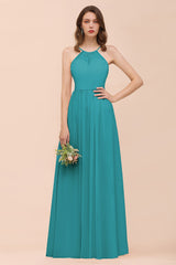 Gorgeous Chiffon Halter Ruffle Affordable Long Bridesmaid Dress-Babyonlines