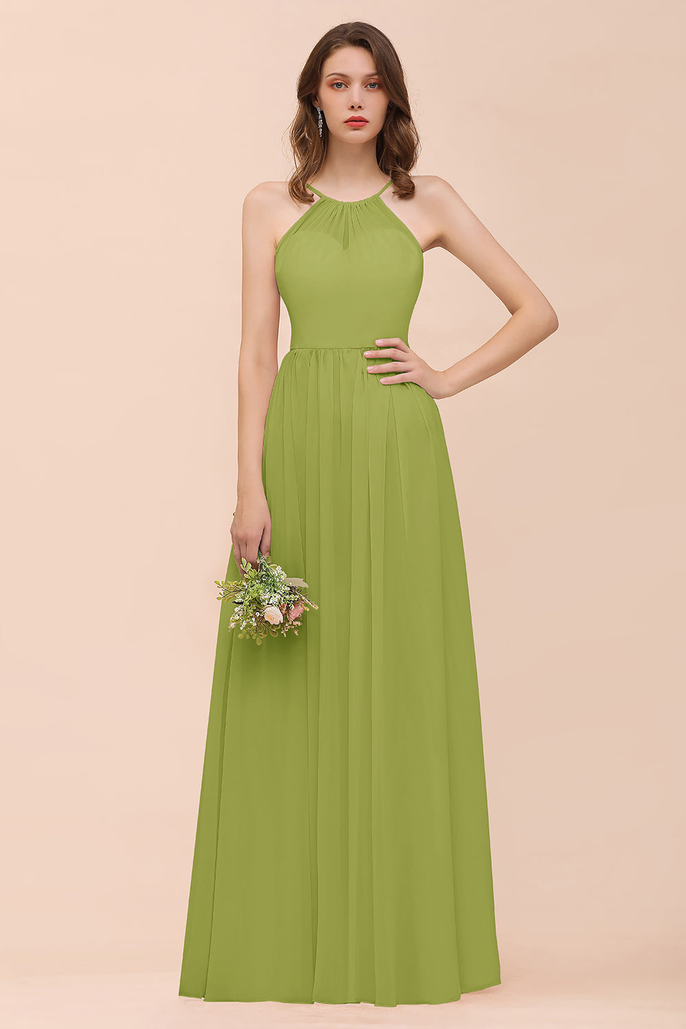 Gorgeous Chiffon Halter Ruffle Affordable Long Bridesmaid Dress-Babyonlines