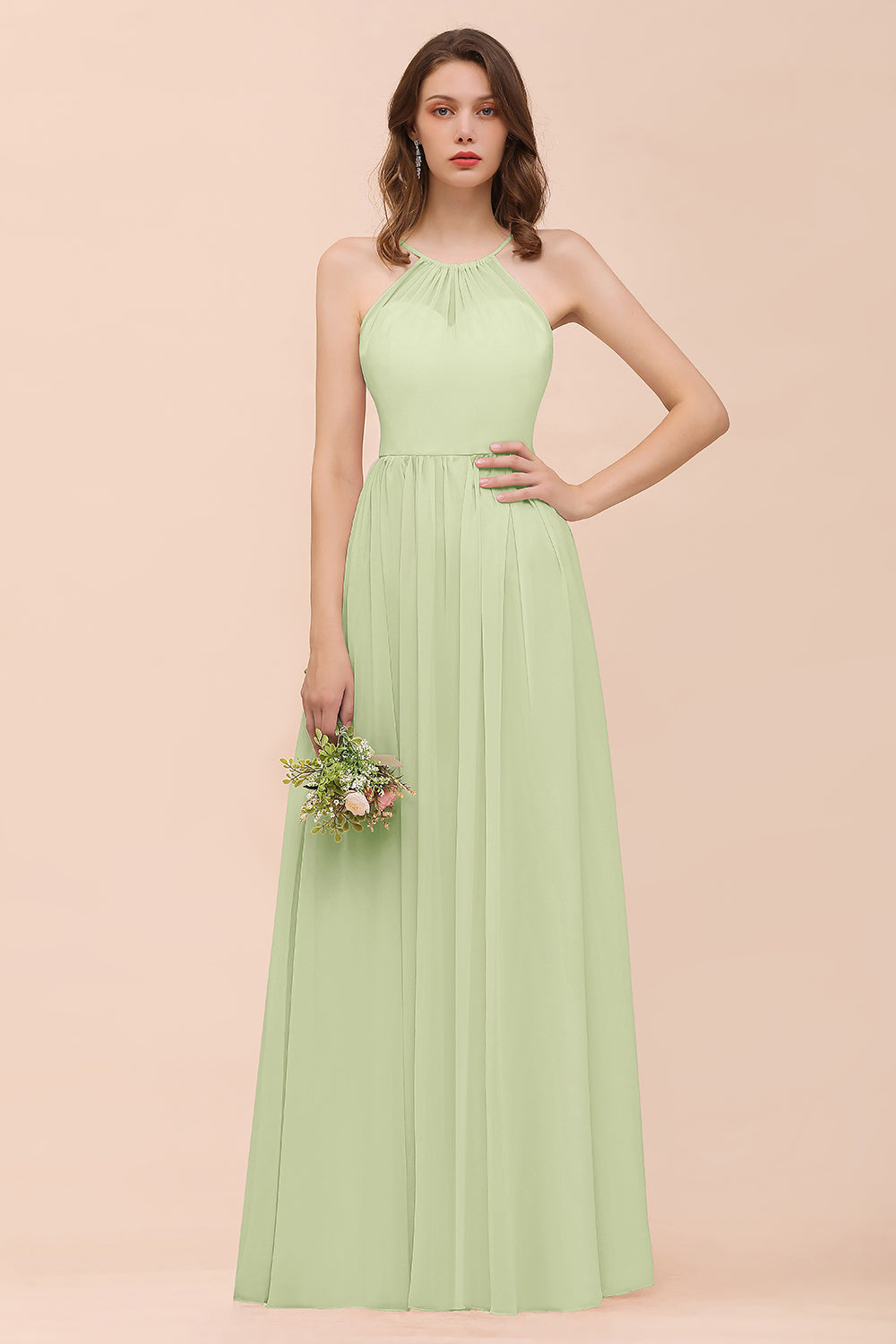 Gorgeous Chiffon Halter Ruffle Affordable Long Bridesmaid Dress-Babyonlines