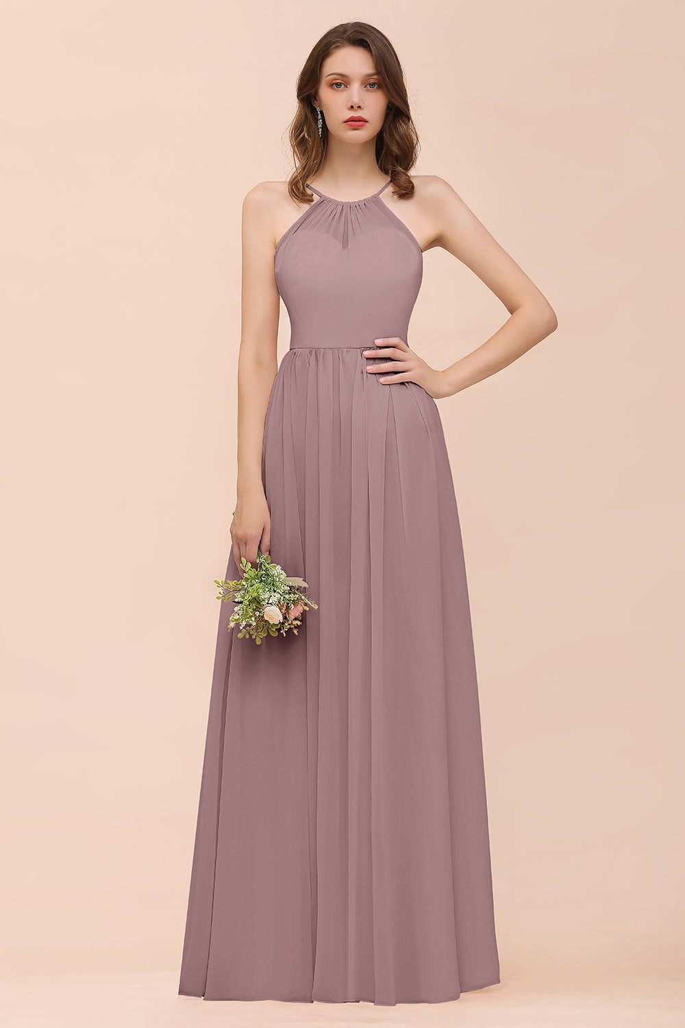 Gorgeous Chiffon Halter Ruffle Affordable Long Bridesmaid Dress-Babyonlines