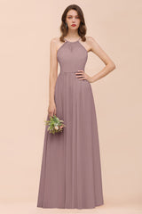 Gorgeous Chiffon Halter Ruffle Affordable Long Bridesmaid Dress-Babyonlines