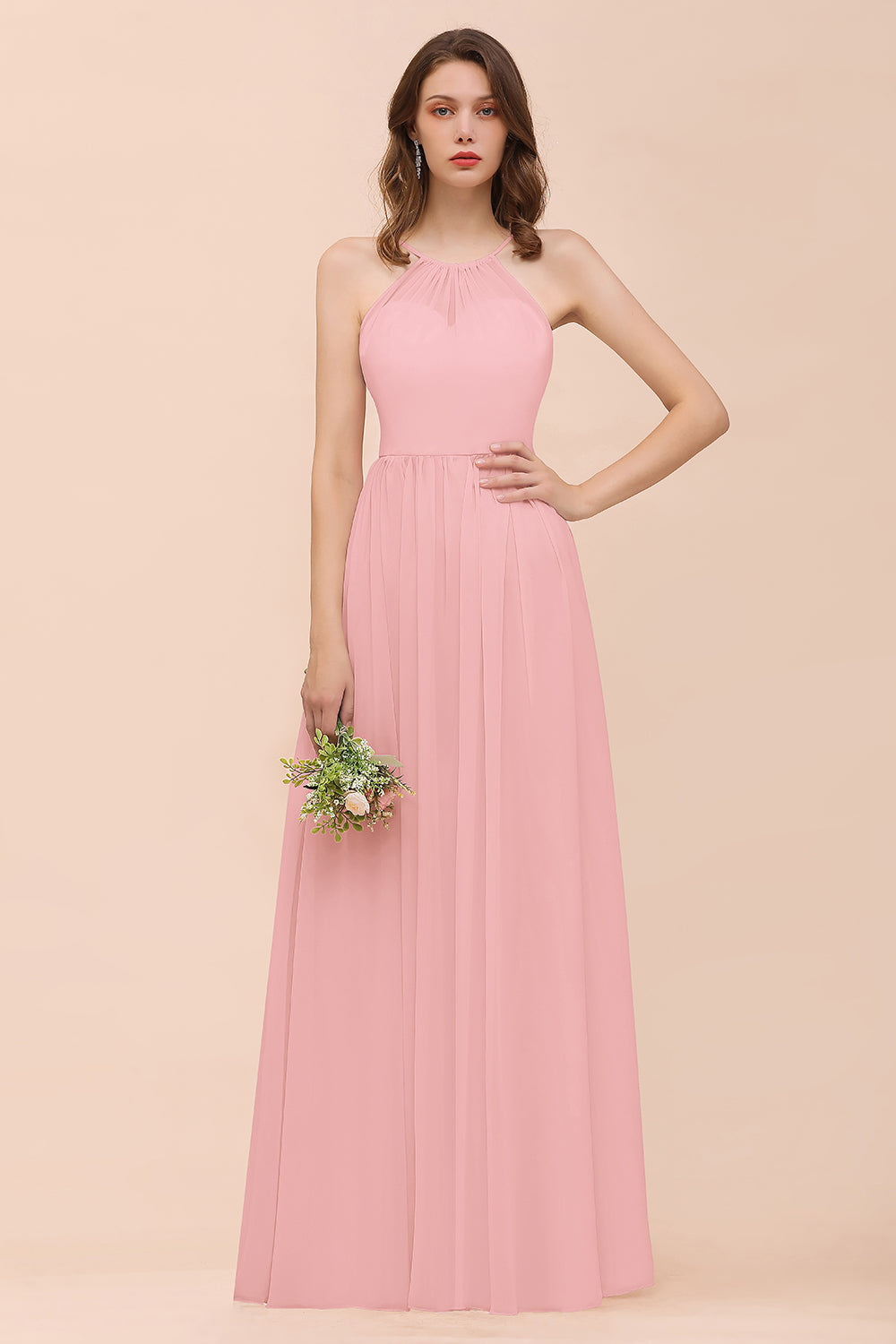 Gorgeous Chiffon Halter Ruffle Affordable Long Bridesmaid Dress-Babyonlines