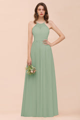 Gorgeous Chiffon Halter Ruffle Affordable Long Bridesmaid Dress-Babyonlines