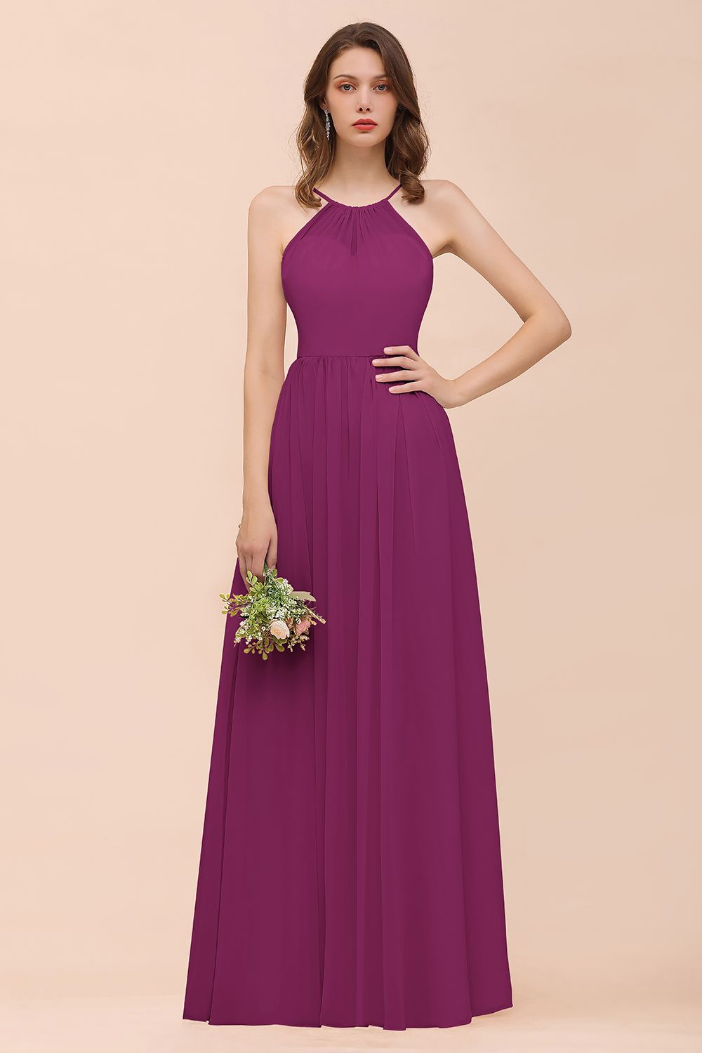 Gorgeous Chiffon Halter Ruffle Affordable Long Bridesmaid Dress-Babyonlines