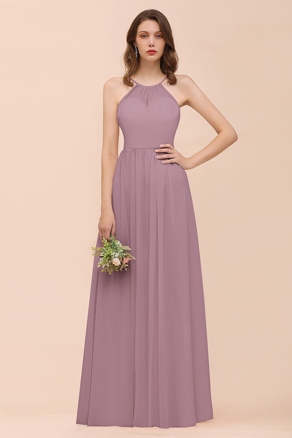 Gorgeous Chiffon Halter Ruffle Affordable Long Bridesmaid Dress-Babyonlines