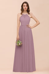 Gorgeous Chiffon Halter Ruffle Affordable Long Bridesmaid Dress-Babyonlines