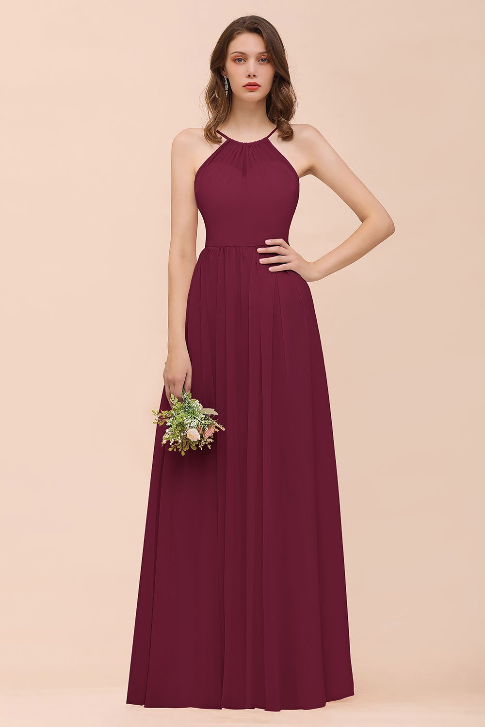 Gorgeous Chiffon Halter Ruffle Affordable Long Bridesmaid Dress-Babyonlines