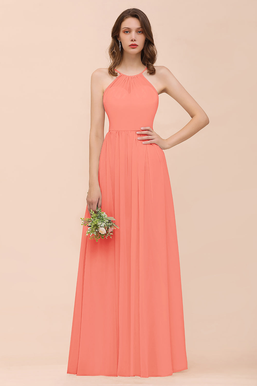 Gorgeous Chiffon Halter Ruffle Affordable Long Bridesmaid Dress-Babyonlines