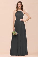 Gorgeous Chiffon Halter Ruffle Affordable Long Bridesmaid Dress-Babyonlines