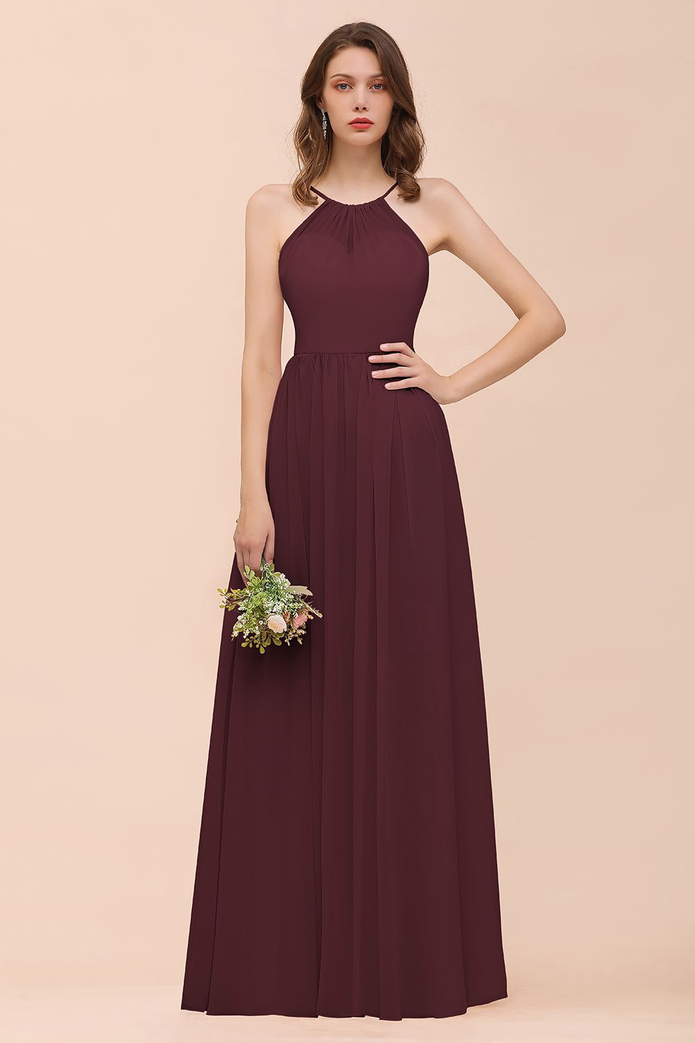 Gorgeous Chiffon Halter Ruffle Affordable Long Bridesmaid Dress-Babyonlines