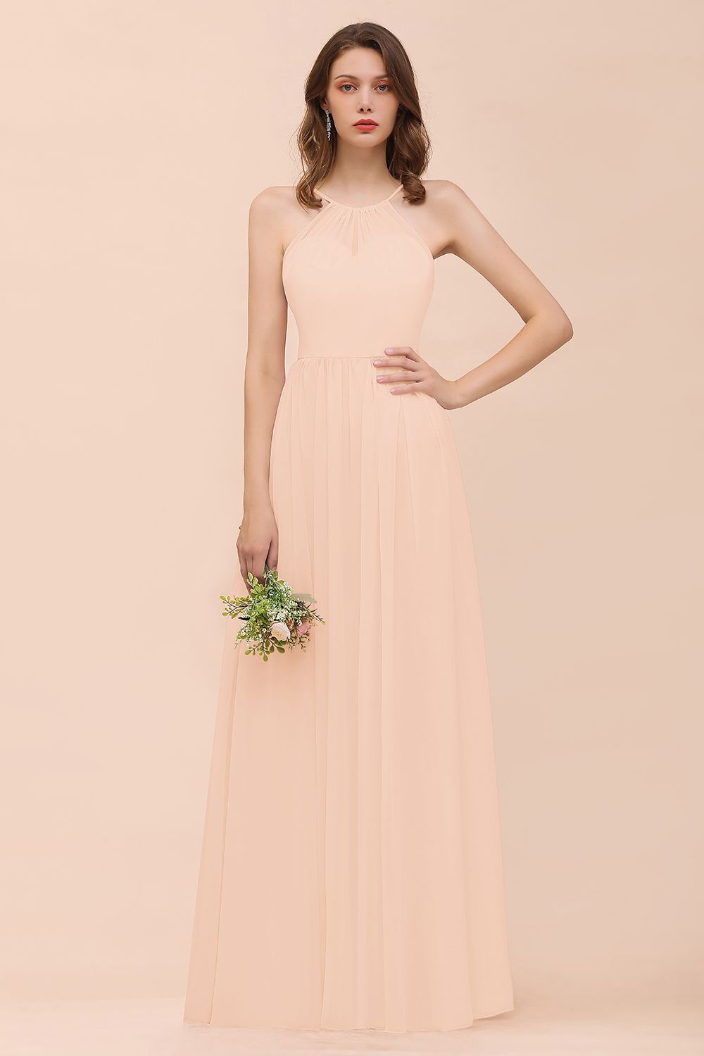 Gorgeous Chiffon Halter Ruffle Affordable Long Bridesmaid Dress-Babyonlines