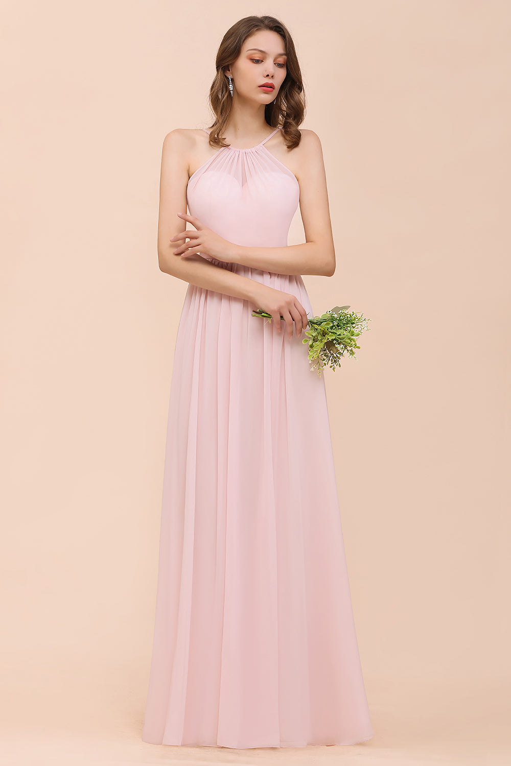 Gorgeous Chiffon Halter Ruffle Affordable Long Bridesmaid Dress-Babyonlines