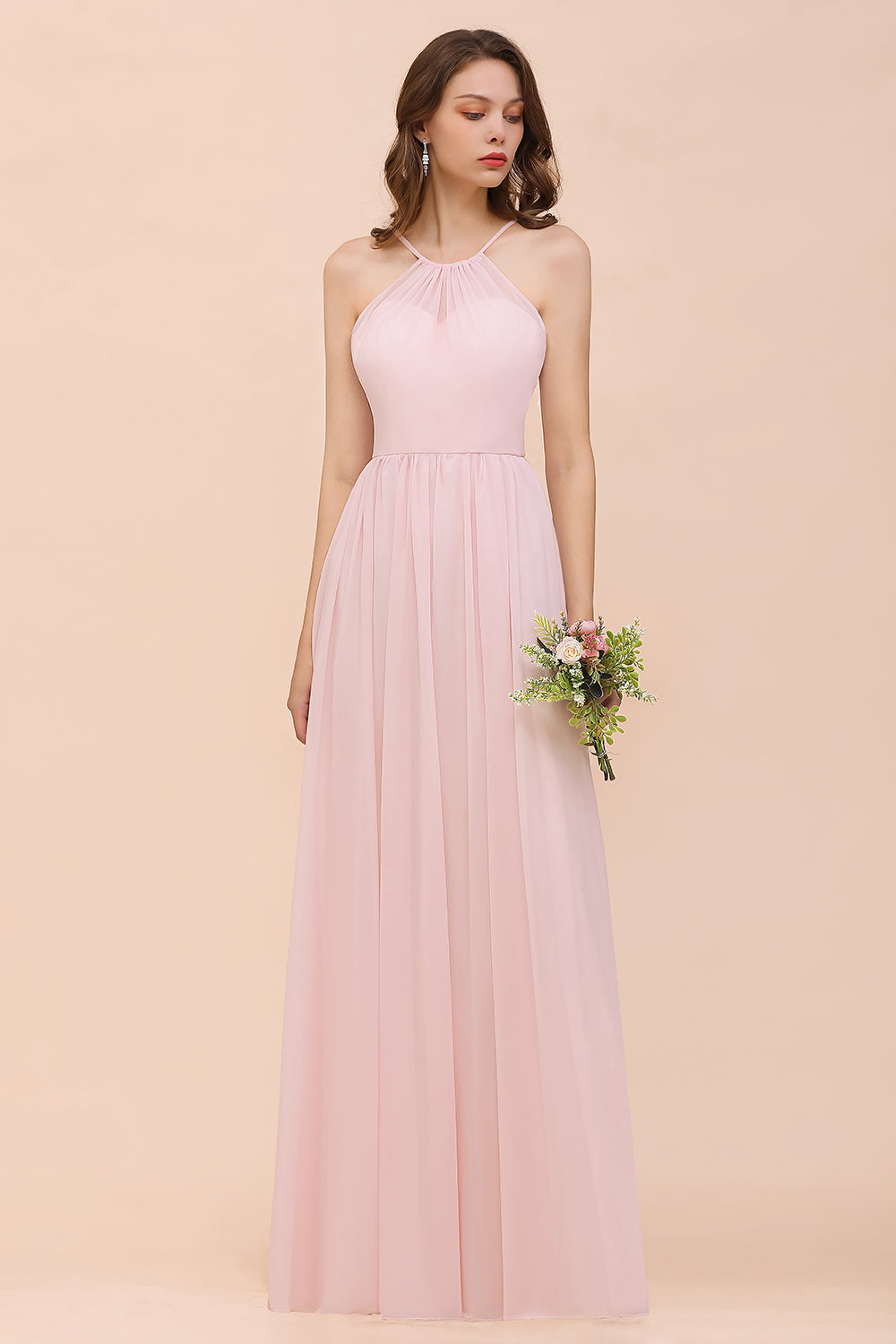 Gorgeous Chiffon Halter Ruffle Affordable Long Bridesmaid Dress-Babyonlines