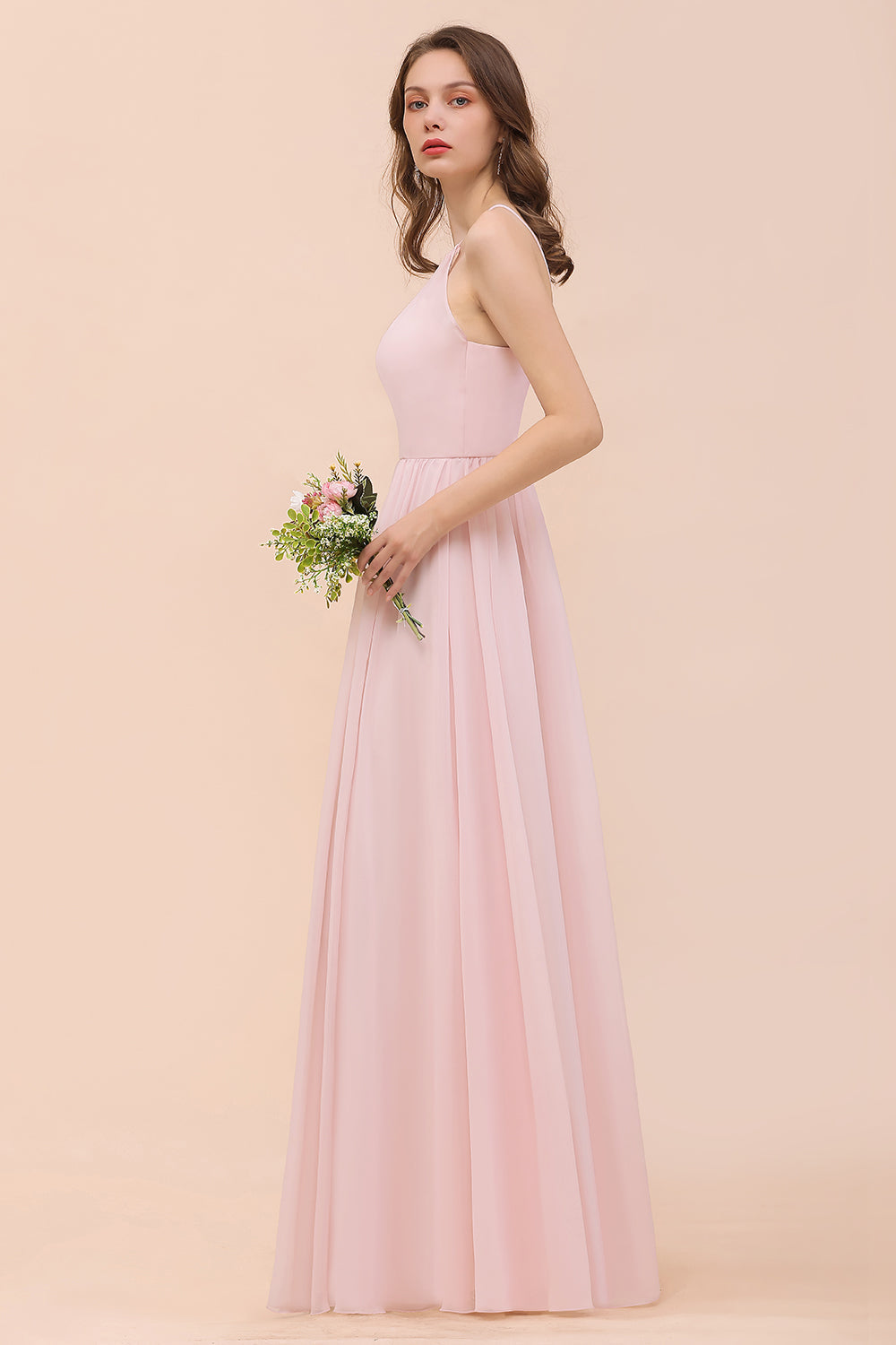 Gorgeous Chiffon Halter Ruffle Affordable Long Bridesmaid Dress-Babyonlines