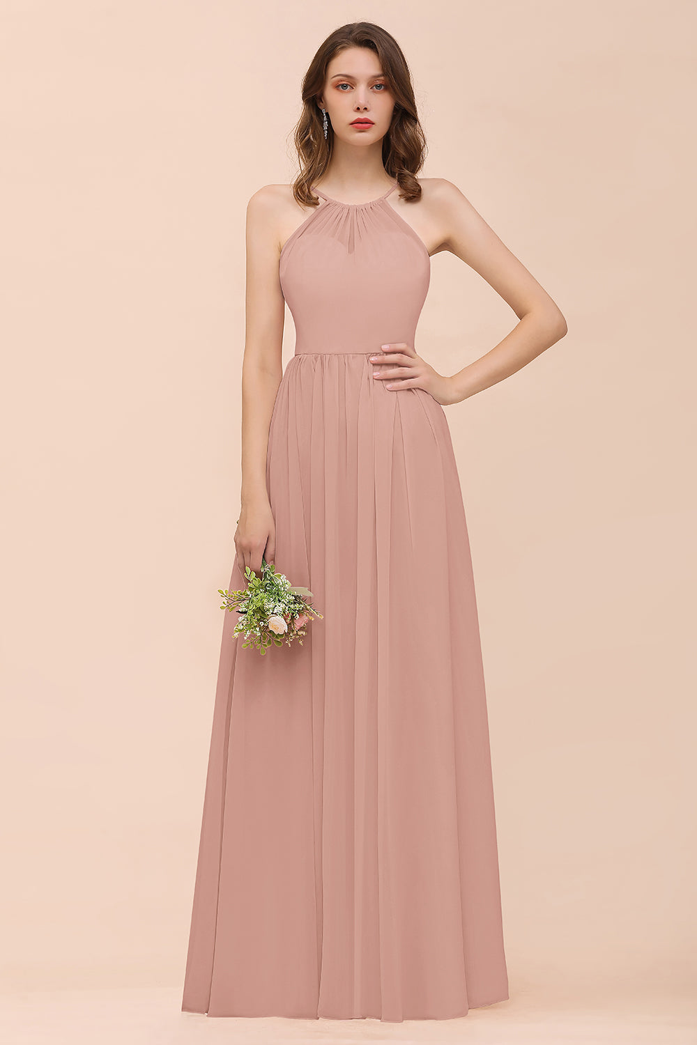 Gorgeous Chiffon Halter Ruffle Affordable Long Bridesmaid Dress-Babyonlines
