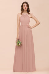 Gorgeous Chiffon Halter Ruffle Affordable Long Bridesmaid Dress-Babyonlines