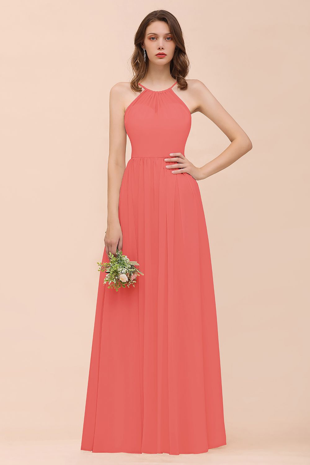 Gorgeous Chiffon Halter Ruffle Affordable Long Bridesmaid Dress-Babyonlines