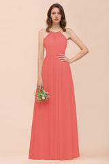 Gorgeous Chiffon Halter Ruffle Affordable Long Bridesmaid Dress-Babyonlines
