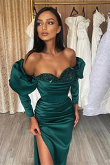 Gorgeous Emerald Evening Dress Prom Dress Long Sleeves Bubble Sleeves Sweetheart with Sequins