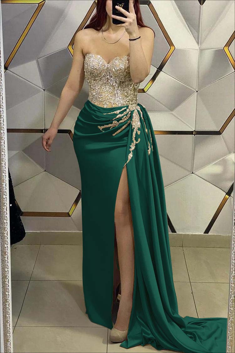 Sweetheart Strapless Pleated Long Prom Dress with Beading Split