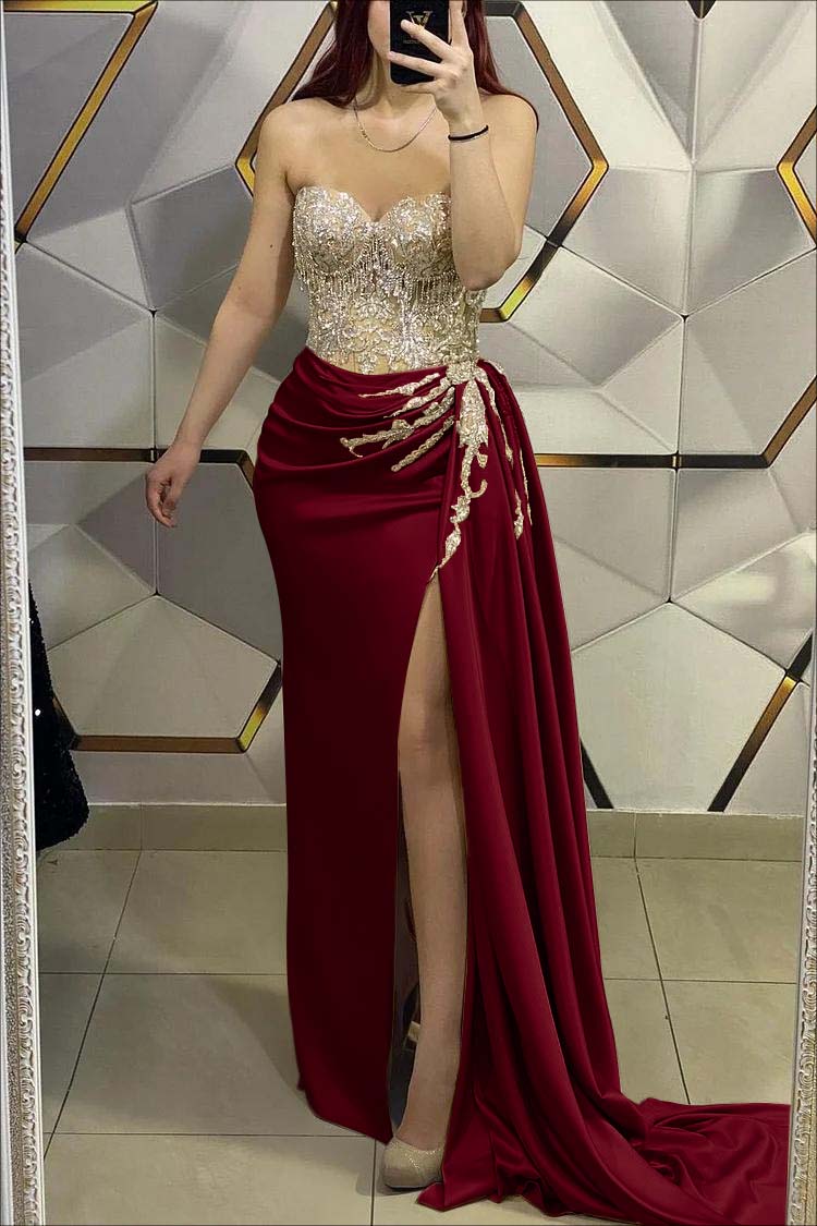 Sweetheart Strapless Pleated Long Prom Dress with Beading Split