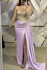 Sweetheart Strapless Pleated Long Prom Dress with Beading Split
