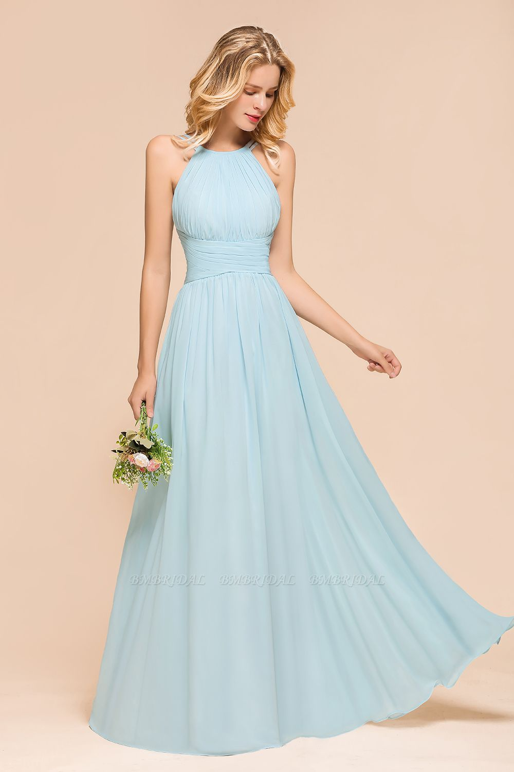 Gorgeous Halter Ruffle Sky Blue Affordable Bridesmaid Dress-Babyonlines