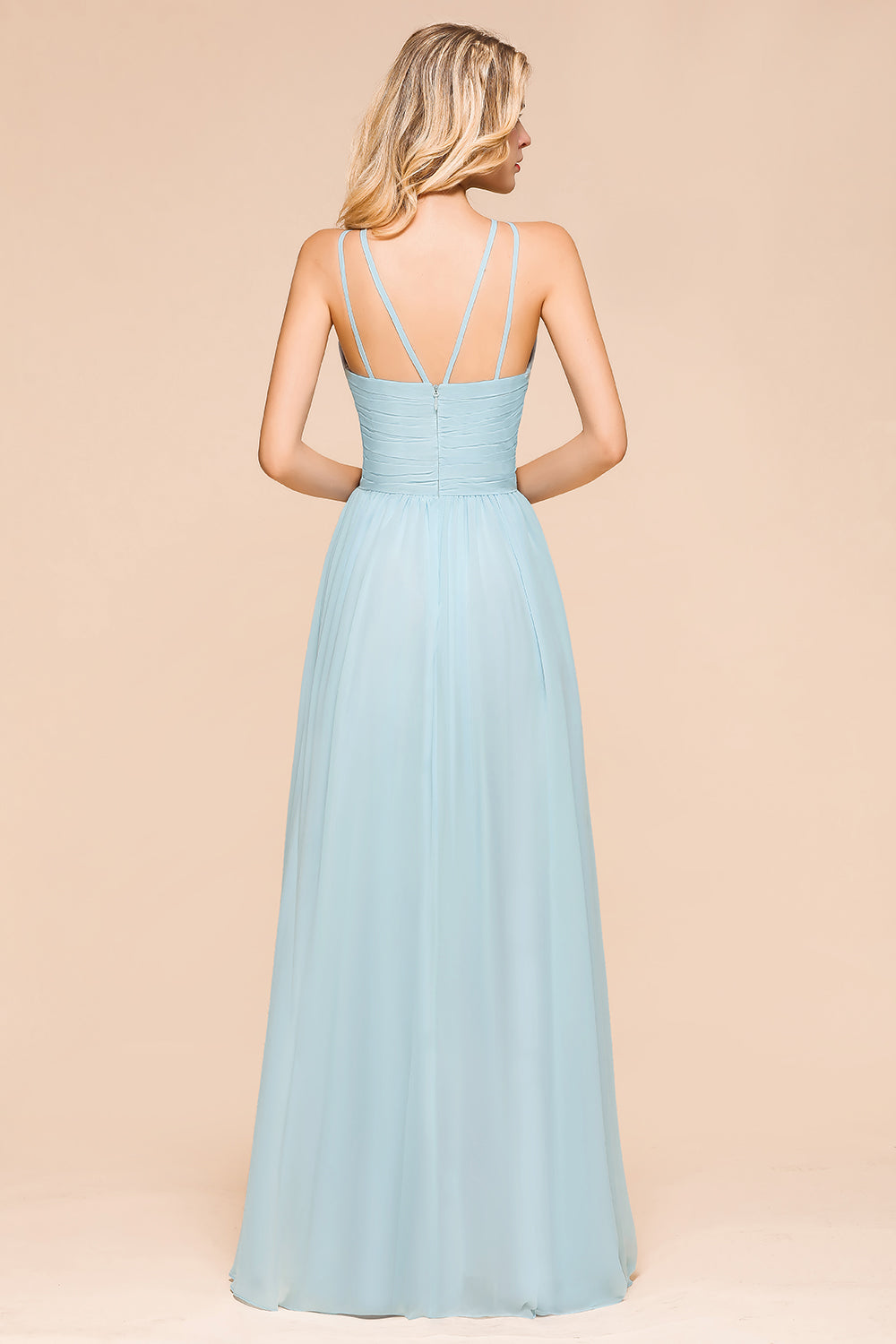 Gorgeous Halter Ruffle Sky Blue Affordable Bridesmaid Dress-Babyonlines