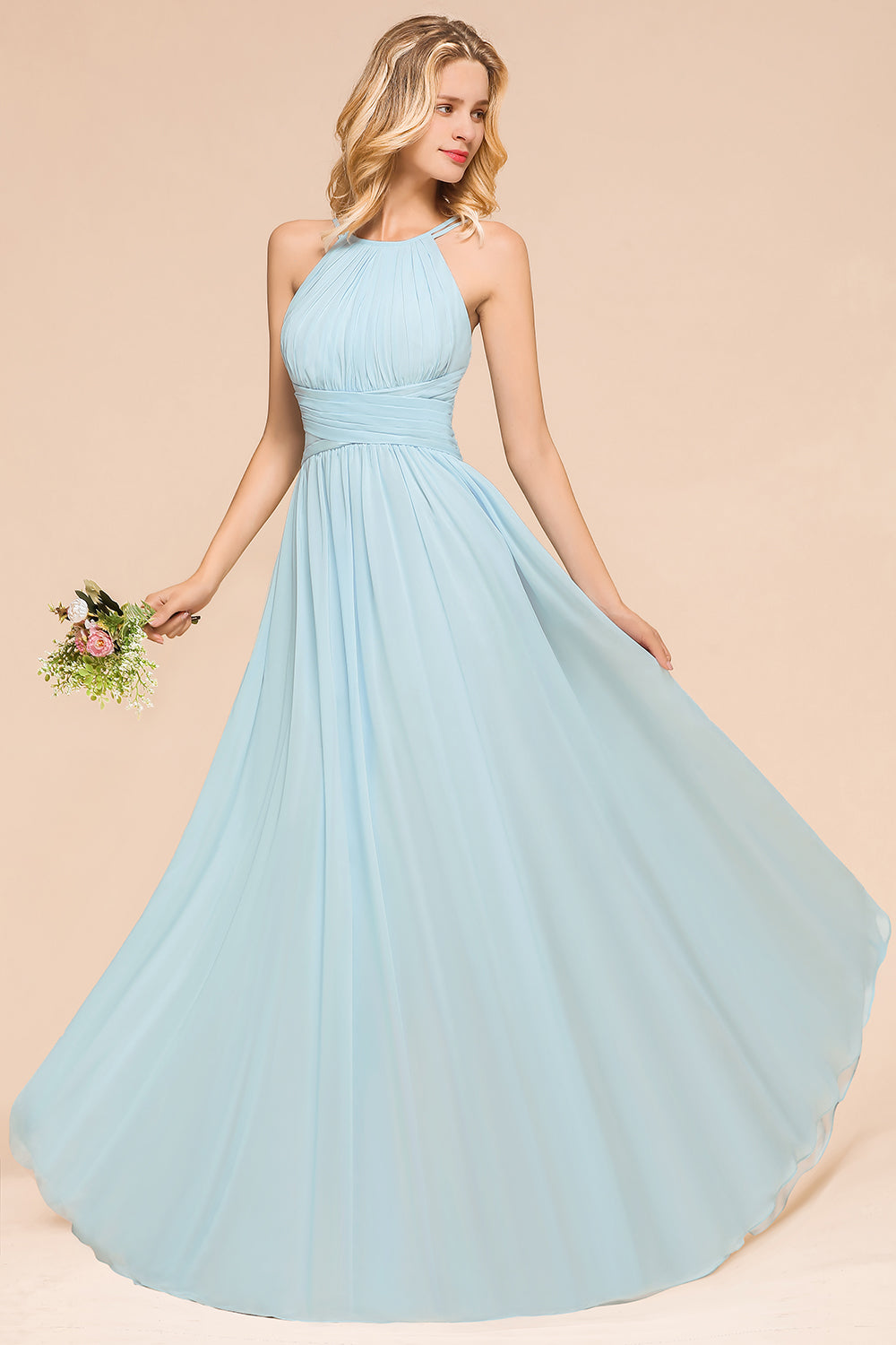 Gorgeous Halter Ruffle Sky Blue Affordable Bridesmaid Dress-Babyonlines