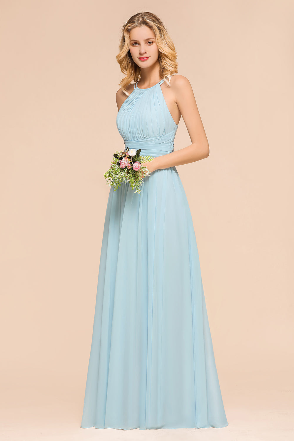 Gorgeous Halter Ruffle Sky Blue Affordable Bridesmaid Dress-Babyonlines