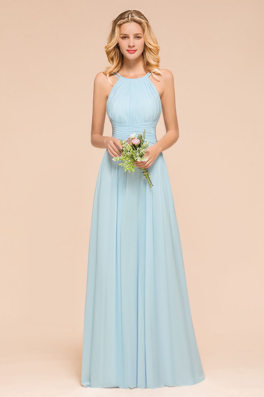 Gorgeous Halter Ruffle Sky Blue Affordable Bridesmaid Dress-Babyonlines