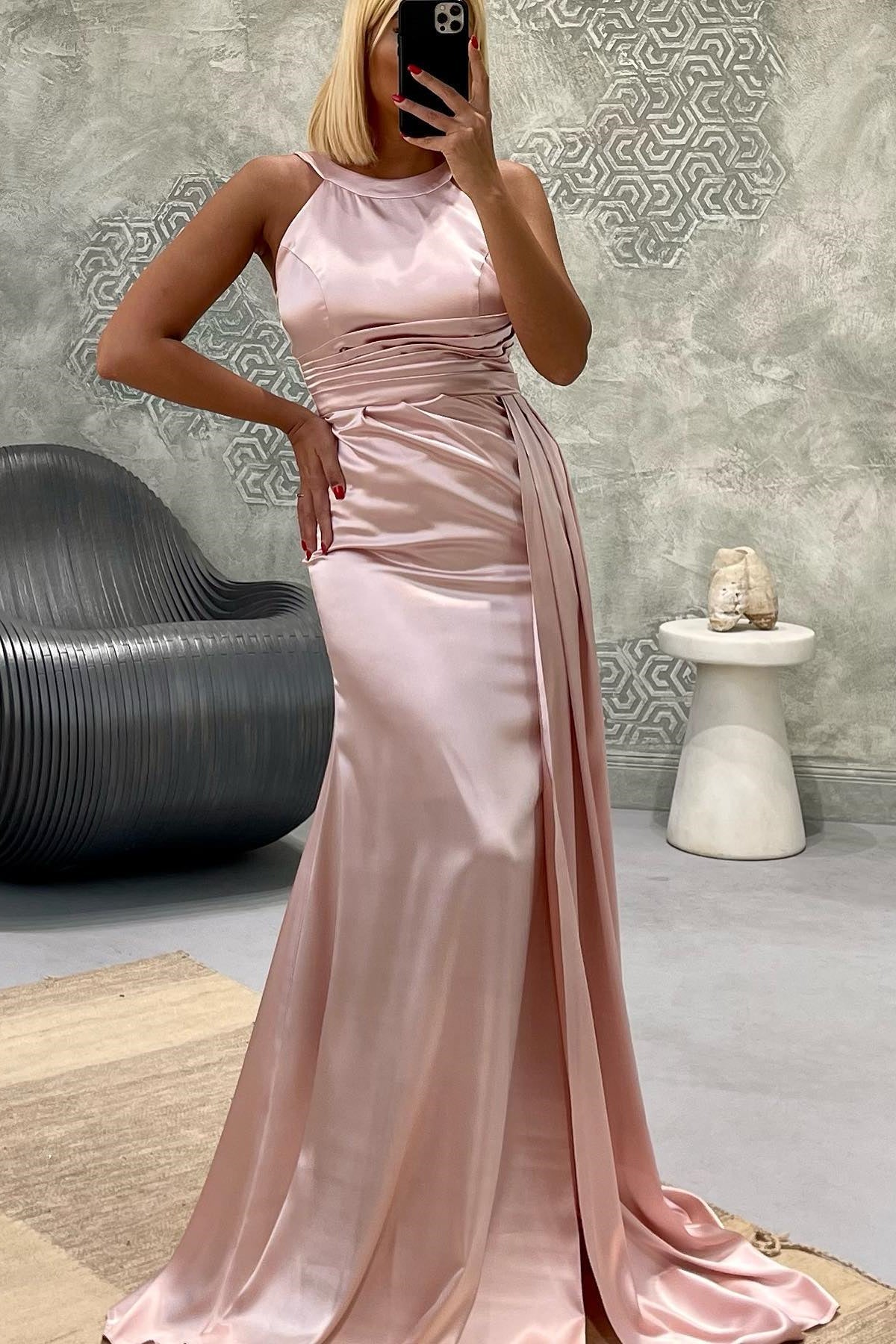 Gorgeous Jewel Neck Strapless Mermaid Long Prom Dress with Pleated