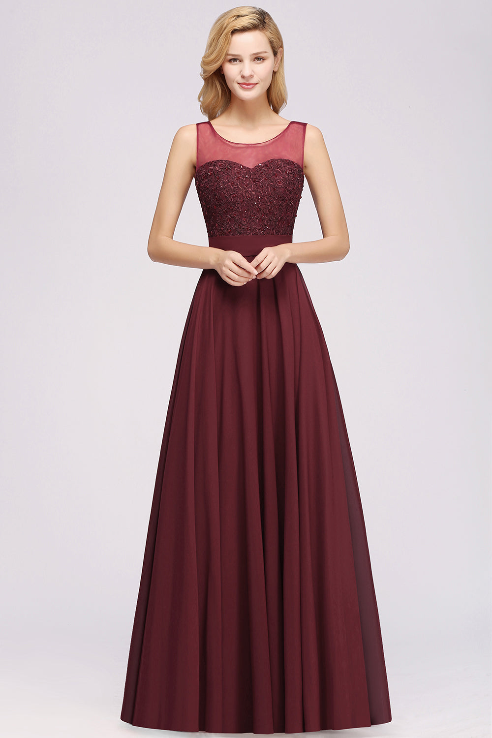 Gorgeous Lace Jewel Affordable Pink Bridesmaid Dress with Beadings-Babyonlines