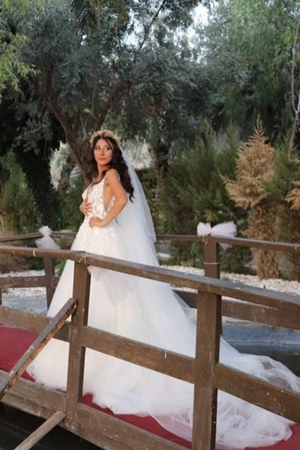 Gorgeous Long A-line V-neck Wedding Dress Tulle Lace With Appliques