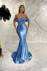 Gorgeous Off the Shoulder Mermaid Prom Dress with Sequins, Beading and Pleats
