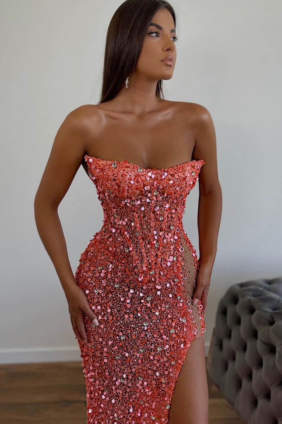 Gorgeous Orange Sequins Sleeveless Mermaid Sweetheart Prom Dress with Split