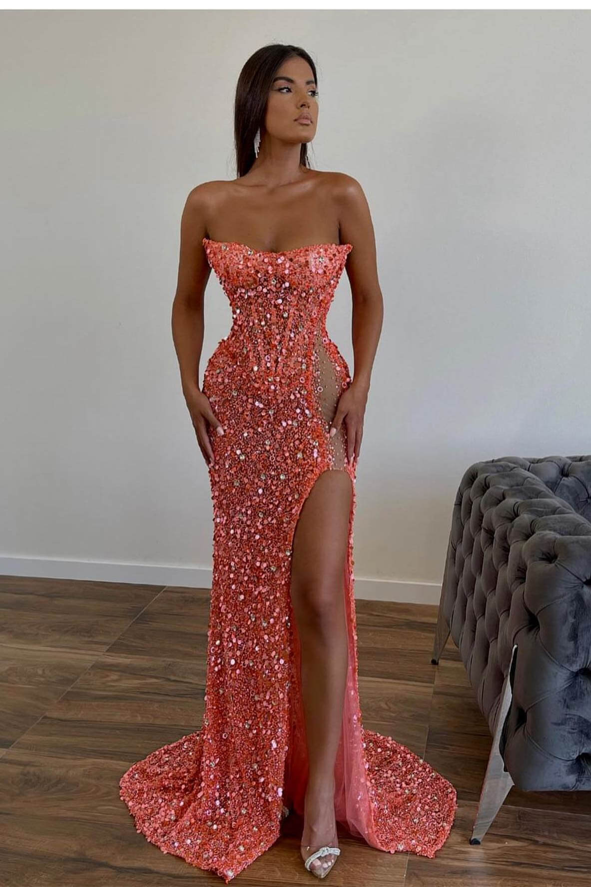 Gorgeous Orange Sequins Sleeveless Mermaid Sweetheart Prom Dress with Split