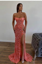 Gorgeous Orange Sequins Sleeveless Mermaid Sweetheart Prom Dress with Split