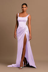 Gorgeous Lotus Root Pink Ball Gown Evening Dress Wide Shoulder Straps Square Neckline Pleated Slit