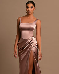 Gorgeous Lotus Root Pink Ball Gown Evening Dress Wide Shoulder Straps Square Neckline Pleated Slit